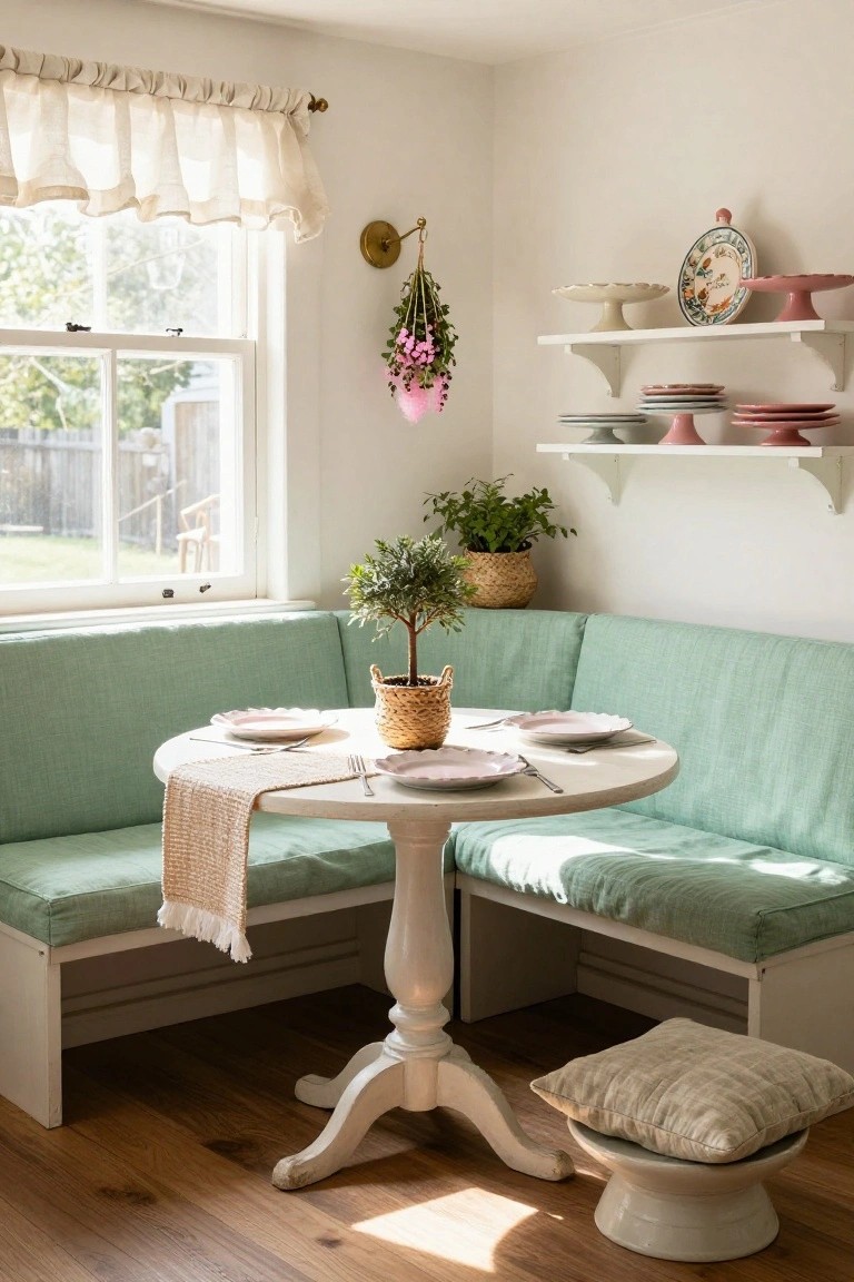 Cozy breakfast nook with mint-green bench, round table, and pink accents.