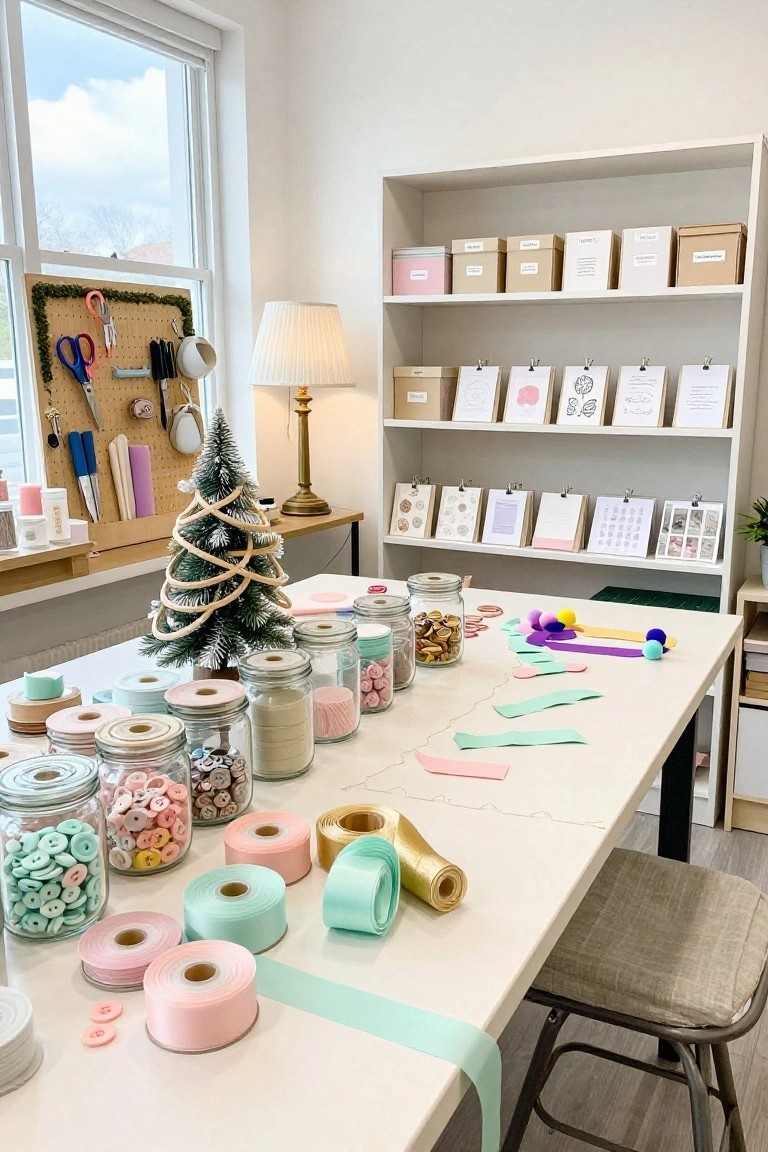 Indoor craft workspace with white desk holding glass jars filled with pastel buttons and candies, rolls of pink mint and gold ribbons, scissors, mini evergreen tree with rope garland, shelves stocked with boxes and cards, corkboard wall, lamp, and window showing blue sky.