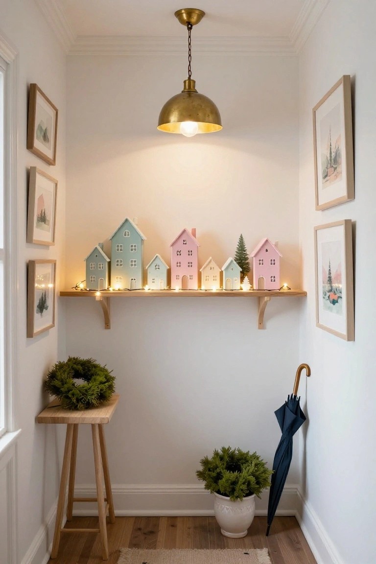 A cozy white interior nook with a wooden floating shelf holding pastel ceramic houses lit by fairy lights, surrounded by framed art, a stool with wreath, potted plant, and umbrella on a wooden floor.