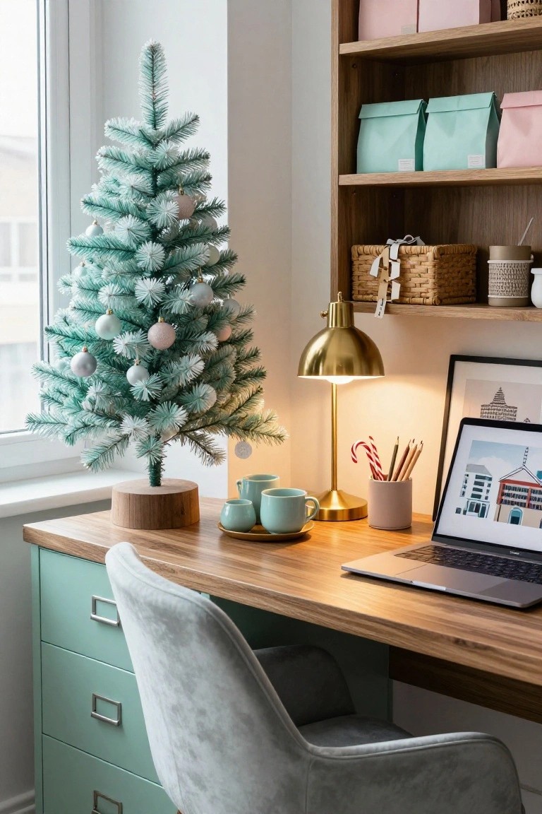 Small turquoise flocked artificial Christmas tree next to a wooden desk with mint green cabinets, gold desk lamp, laptop, pastel mugs, and shelves holding bags and baskets in a bright room.