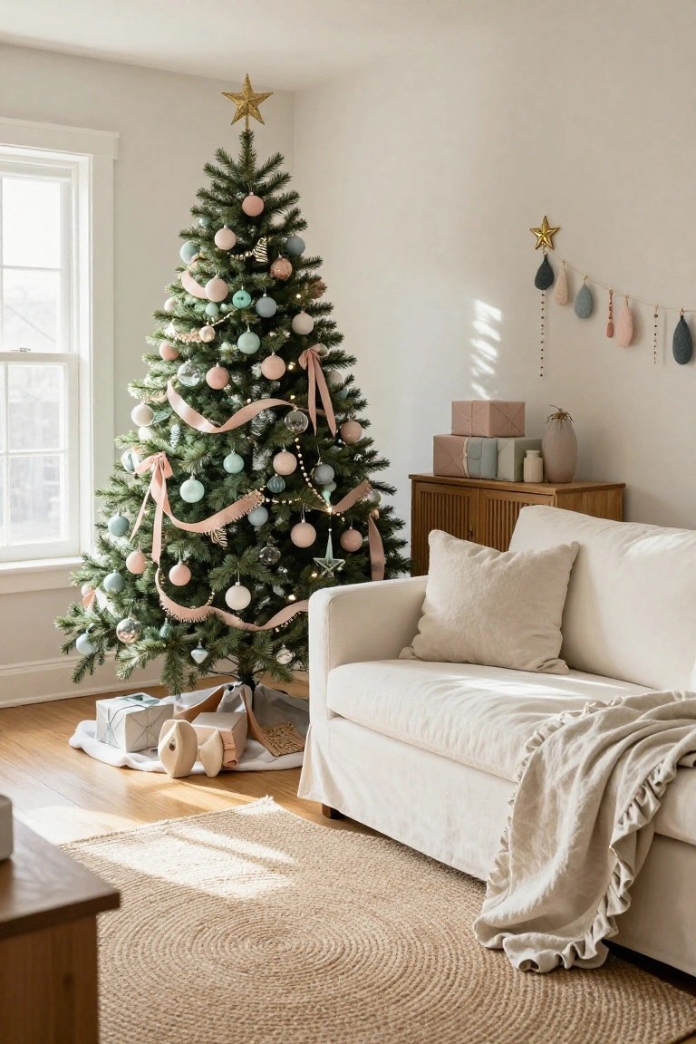 A living room with a green Christmas tree decorated in pastel pink, teal, and white ornaments and ribbons, positioned beside a cream slipcovered sofa, wooden cabinet, and neutral furnishings.