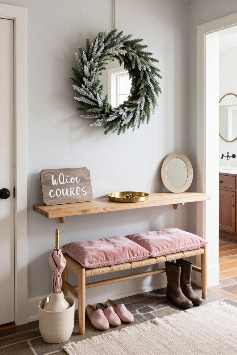 Light gray entryway with floating wooden shelf holding "Bienvenue Courses" sign, gold tray, round wood mirror, pink velvet bench below with pink umbrella stand, pairs of pink slippers and brown boots on brick floor, large silver-flocked evergreen wreath around wall mirror.