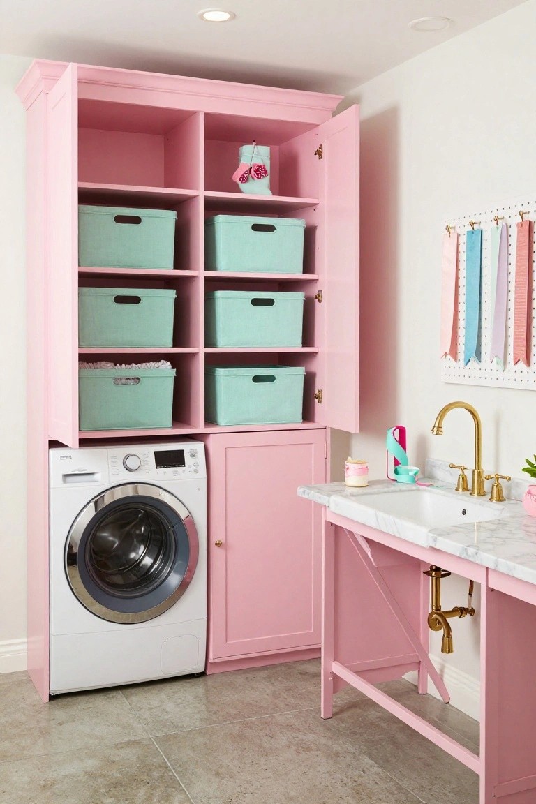 Pink wooden cabinet with open doors showing stacked mint green bins next to a white front-loading washer, with a white marble sink and gold faucet nearby in a laundry room.