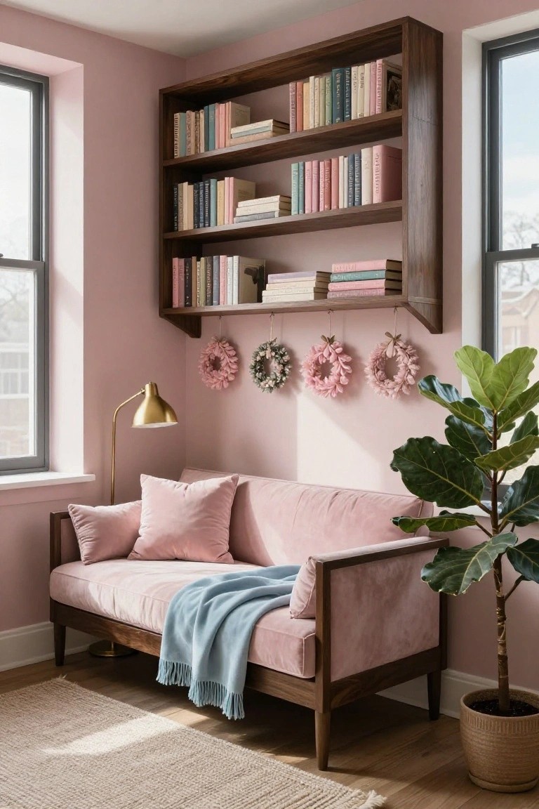Blush pink interior room with corner wooden bookshelves stocked with colorful books, pink velvet loveseat draped in blue throw blanket, gold floor lamp, three hanging pink feather wreaths on wall, and fiddle leaf fig plant in woven pot near window.