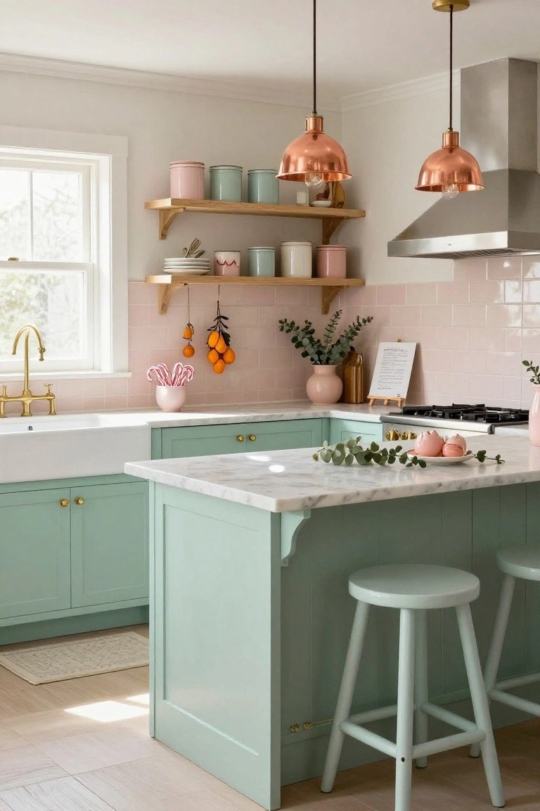 Kitchen with sage green lower cabinets and island, blush pink subway tile backsplash, white farmhouse sink with brass faucet, marble countertop holding pomegranates and eucalyptus, wooden stools, and hanging oranges with candy canes nearby.