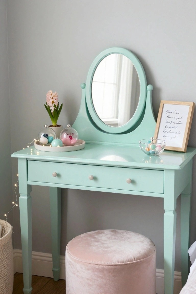 Mint green wooden vanity table with oval tilting mirror, decorated with tray of clear glass globes containing pastel ornaments, fairy lights, hyacinth vase, small bowl of beads, and framed note, next to pink velvet pouf stool in light gray room.