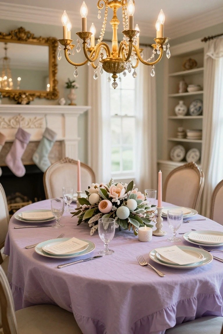 Dining room table set with lavender ruffled tablecloth, cotton boll and flower centerpiece, pink taper candles, glassware, white plates with menus, upholstered chairs, gold chandelier overhead, fireplace with stockings in background.