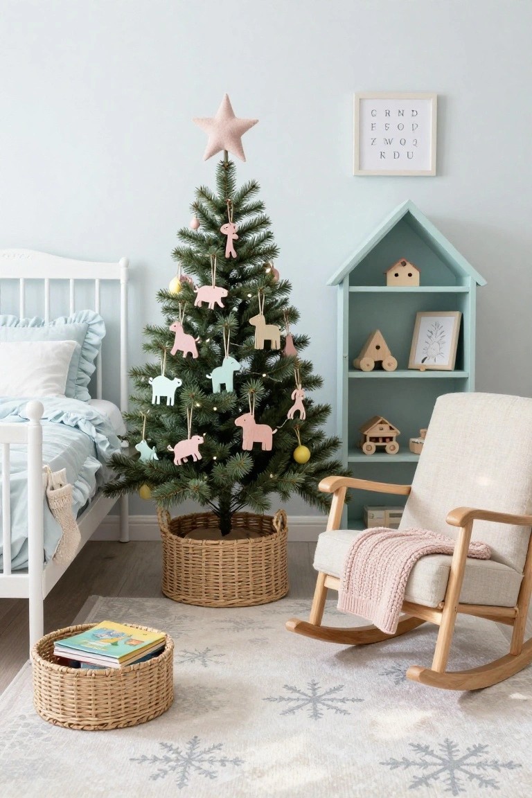 A small real Christmas tree decorated with pastel wooden animal ornaments and a pink fabric star topper stands in a light blue child's bedroom with white bed, turquoise house-shaped shelf, wooden toys, beige rocking chair, and basket of books on a rug with snowflake patterns.