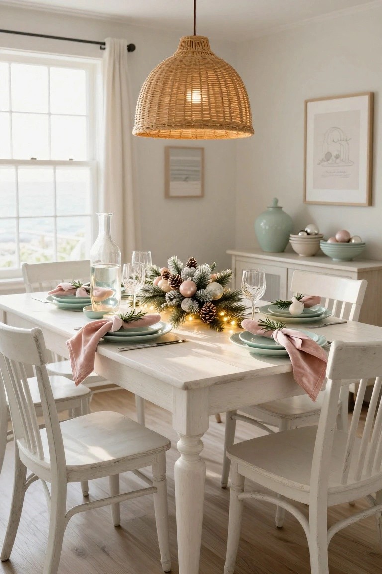 White wooden dining table set for four with seafoam green plates, pink napkins tied with rosemary, Christmas greenery and ornament centerpiece with fairy lights, white chairs, rattan pendant light, and window with coastal view.