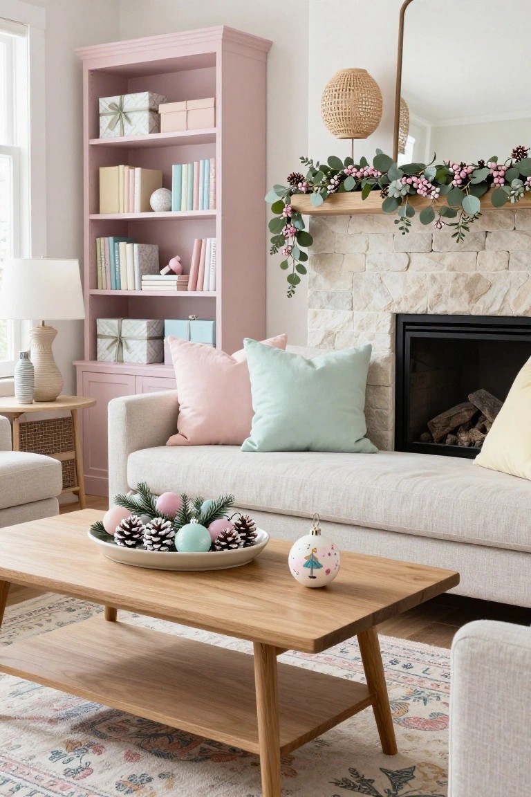 Living room with pink bookshelves filled with books and boxes, gray sofa with pastel pillows, wooden coffee table holding a bowl of pinecones and pastel ornaments, and mantel garland of eucalyptus, pink berries, and pinecones above a stone fireplace.