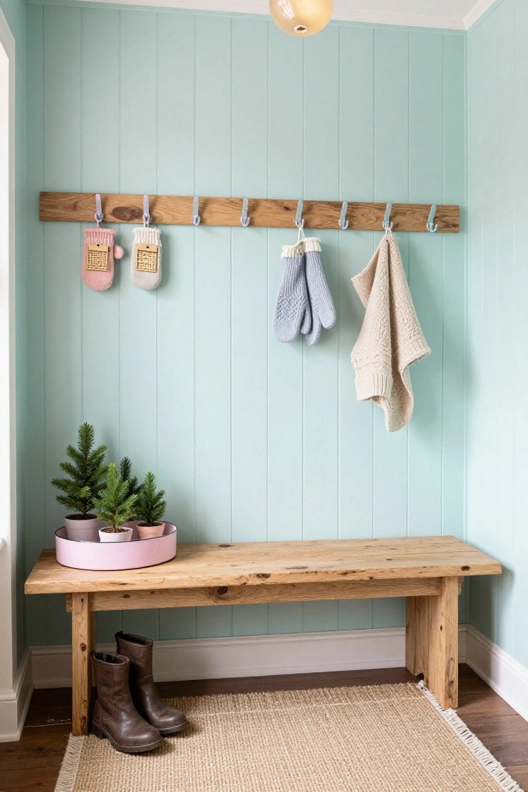 Light blue shiplap-walled entryway with wooden peg rail holding hooks with pink, gray, and blue knit mittens and a beige knit scarf, wooden bench with pink tray of small potted Christmas trees, brown boots underneath, and seagrass rug on wood floor.