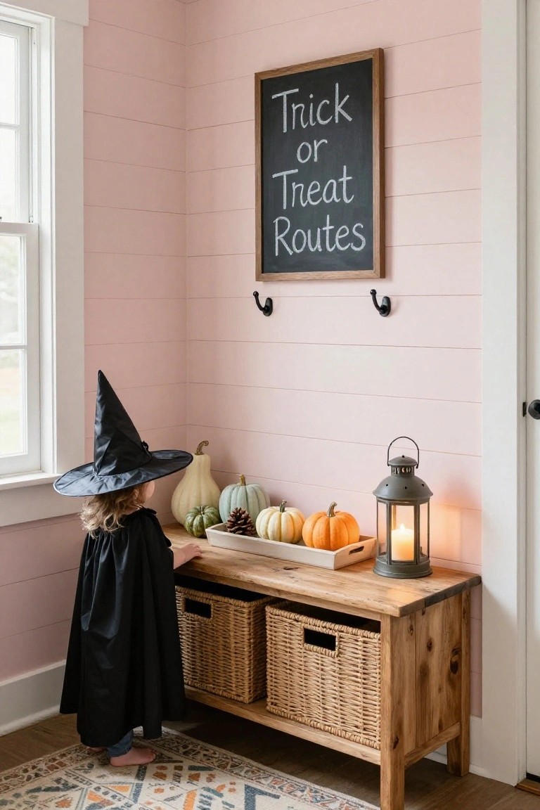 A toddler girl in black witch costume and hat stands barefoot in front of a rustic wooden bench holding assorted pumpkins, gourds, and pinecones in a corner room with pink shiplap walls, wicker baskets below the bench, a metal lantern nearby, and a framed chalkboard sign reading