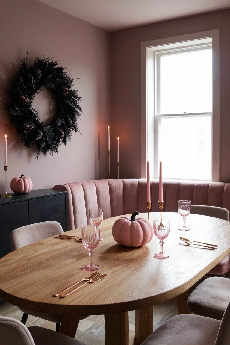 Dining area featuring an oval wooden table with a pink pumpkin centerpiece, pink glassware, candles, and cutlery, beside a curved pink velvet bench, black wreath on mauve wall, and window light.