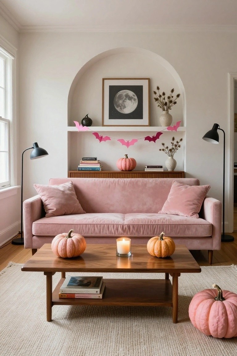 Blush pink velvet sofa in a white-walled living room with arched alcove displaying a black-and-white full moon print, wooden credenza with books and vase, pink pumpkins on coffee table, bat garlands on shelves, and black floor lamps.