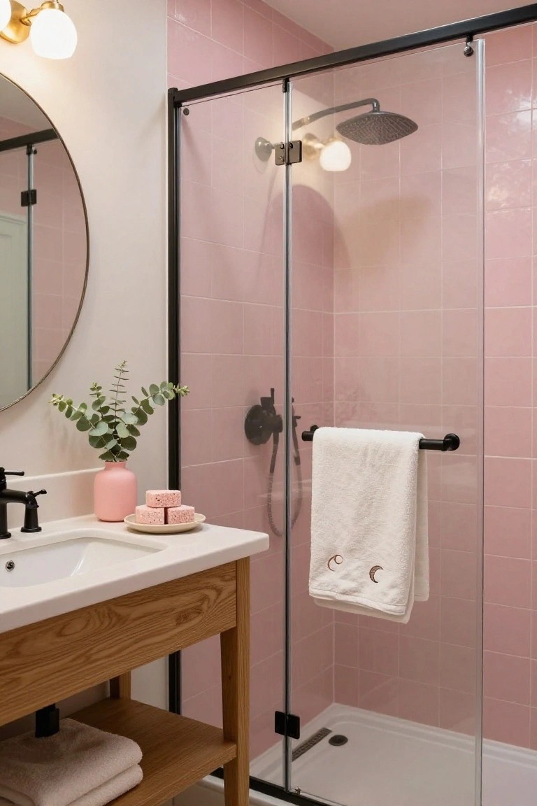 A compact bathroom with blush pink subway tiles on walls, black-framed glass shower enclosure with rain showerhead, oak wood vanity and sink, round mirror, potted eucalyptus, pink soap bars, and white towel with moon embroidery on a bar inside the shower.