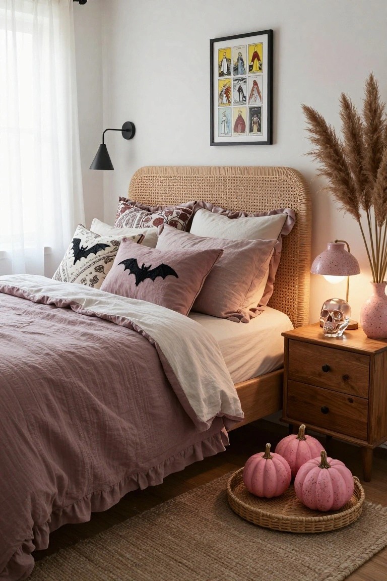 Bedroom with beige rattan headboard, layered pillows including some with black bat embroidery on mauve and white fabrics, dusky pink linen bedding, wooden nightstand holding a clear glass skull and pink lamp, tall pampas grass, pink pumpkins in a woven basket on the floor, and sheer curtains on a window.