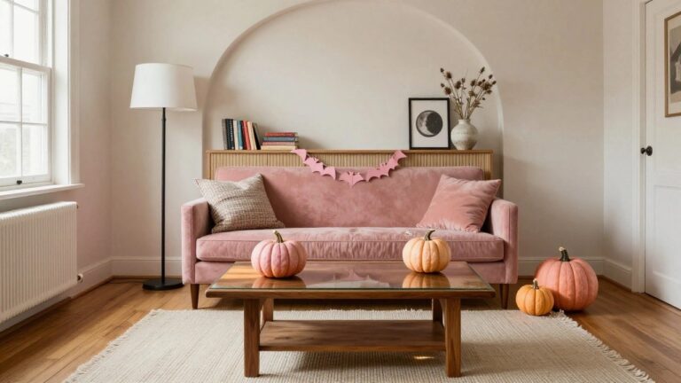 20 Pink Halloween Decor Ideas for a Playfully Spooky Twist Blush pink velvet sofa in a white-walled living room with arched alcove displaying a black-and-white full moon print, wooden credenza with books and vase, pink pumpkins on coffee table, bat garlands on shelves, and black floor lamps.