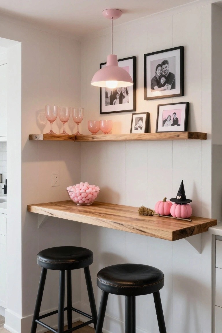 Corner kitchen bar area featuring floating wood shelves with pink glassware and framed family photos, a wood countertop holding a bowl of pink candies, mini pink pumpkins with black witch hats and a broom, and two black leather stools.