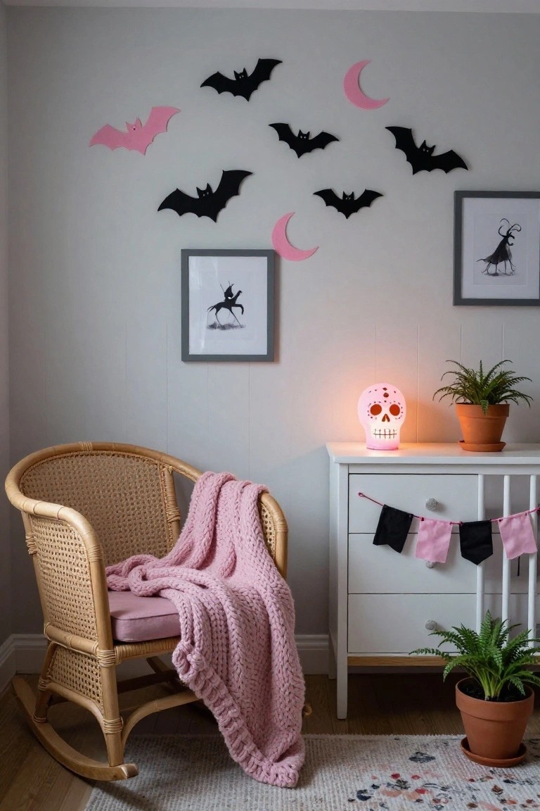 Light gray nursery corner with rattan rocking chair draped in pink knitted blanket on pink cushion, white dresser holding glowing pink sugar skull lamp, potted plants, black and pink bunting, and pink and black paper bats and moon shapes on the walls.