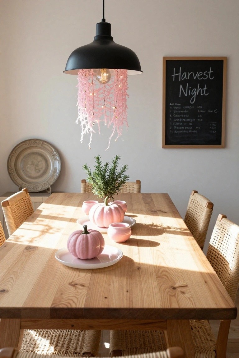 Wooden dining table centered with pink pumpkins, pink bowls, white plates, and a rosemary plant in a basket, under a black pendant lamp with pink fringed shade and string lights, rattan chairs around, brass tray on sideboard, and Harvest Night chalkboard on wall.