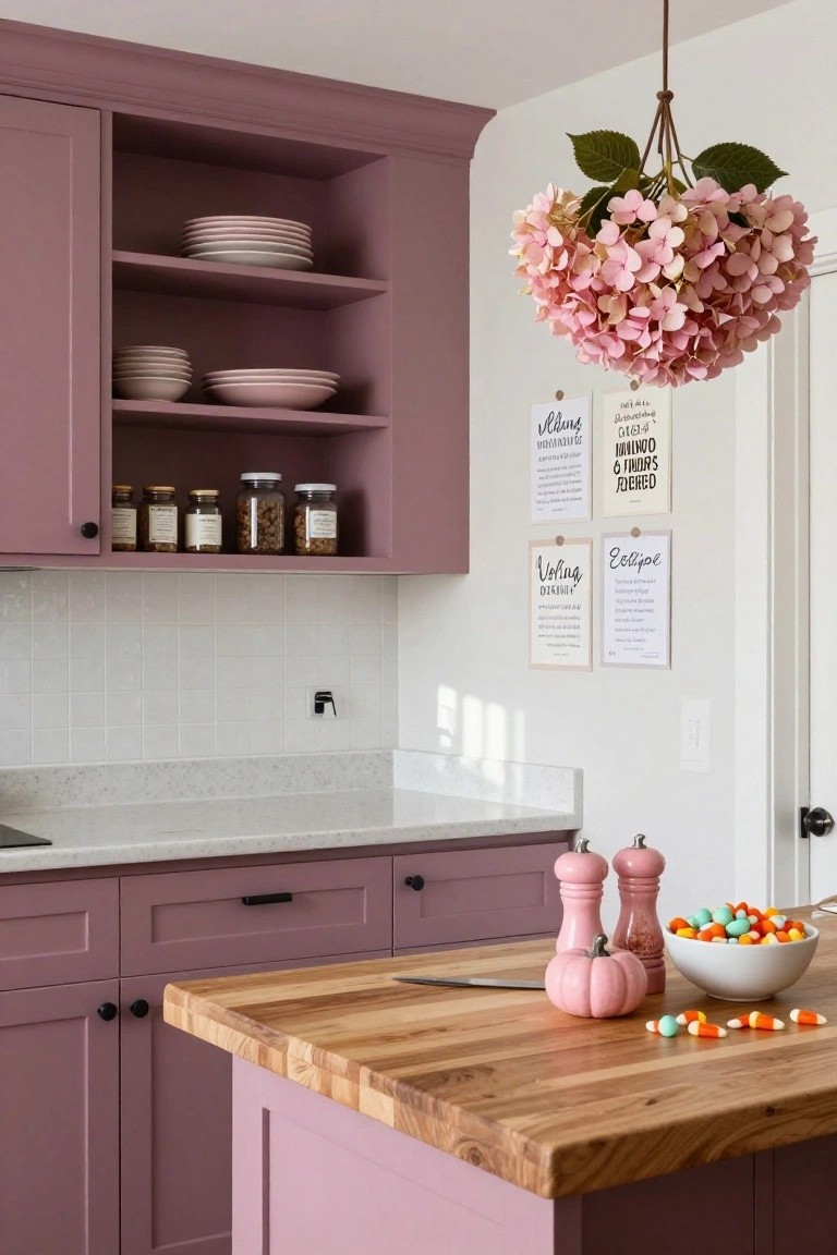 Blush pink kitchen with open shelves holding stacked plates and jars, white subway tile backsplash, wooden island countertop displaying pink pumpkin salt and pepper shakers and a white bowl of multicolored candy corn.