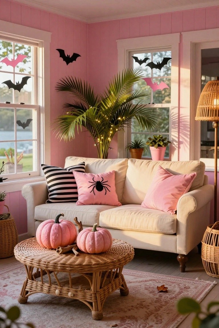 Pink-walled interior room with cream loveseat, black-striped pillows, pink pillows with black spider embroidery, two pink pumpkins on rattan coffee table, black bat cutouts on windows, potted plants including palm, rattan lamp, and view of lake outside.