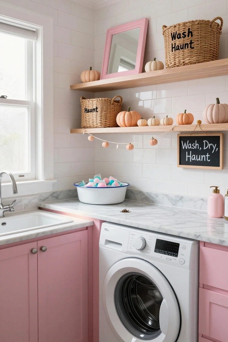 Pink laundry room with white subway tile walls, marble countertop, white sink and washer, pink cabinets, wicker baskets labeled