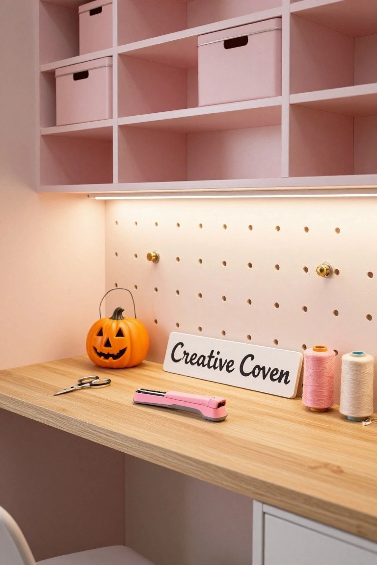 Pink pegboard wall with polka dots, gold knobs, scissors on wooden desk below, jack-o-lantern pumpkin,