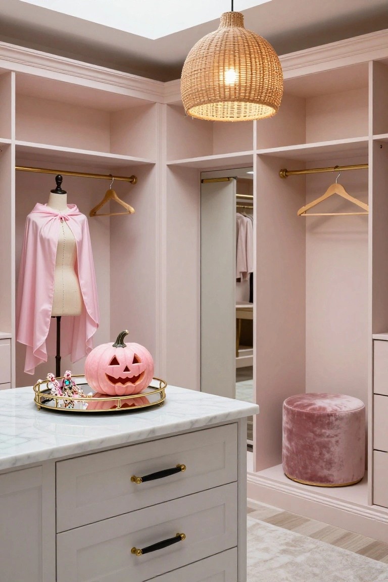 Blush pink walk-in closet with built-in wardrobes, gold hanging rods, a mannequin wearing a pink cape, pink jack-o-lantern on a gold tray atop white marble island with drawers, pink velvet stool, and woven pendant light.