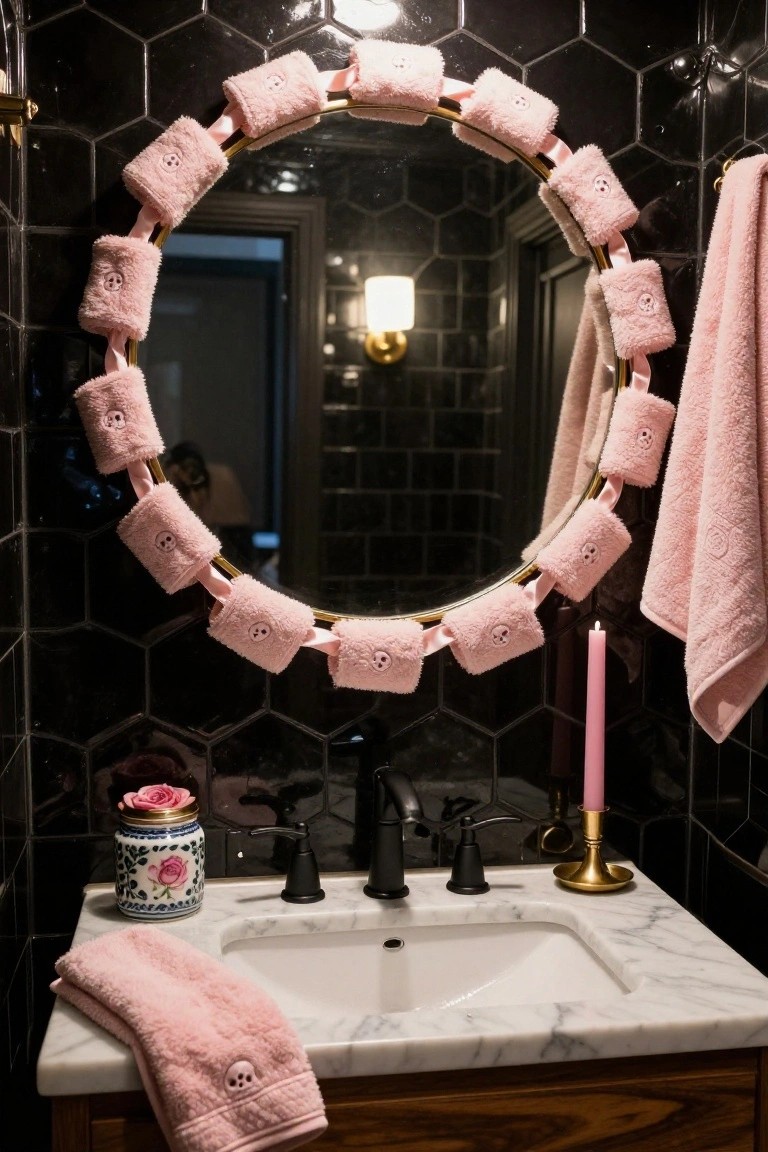 A round bathroom mirror framed by multiple pink towels embroidered with skull motifs, set against black hexagonal tiles above a marble sink with black fixtures and pink candle accents.