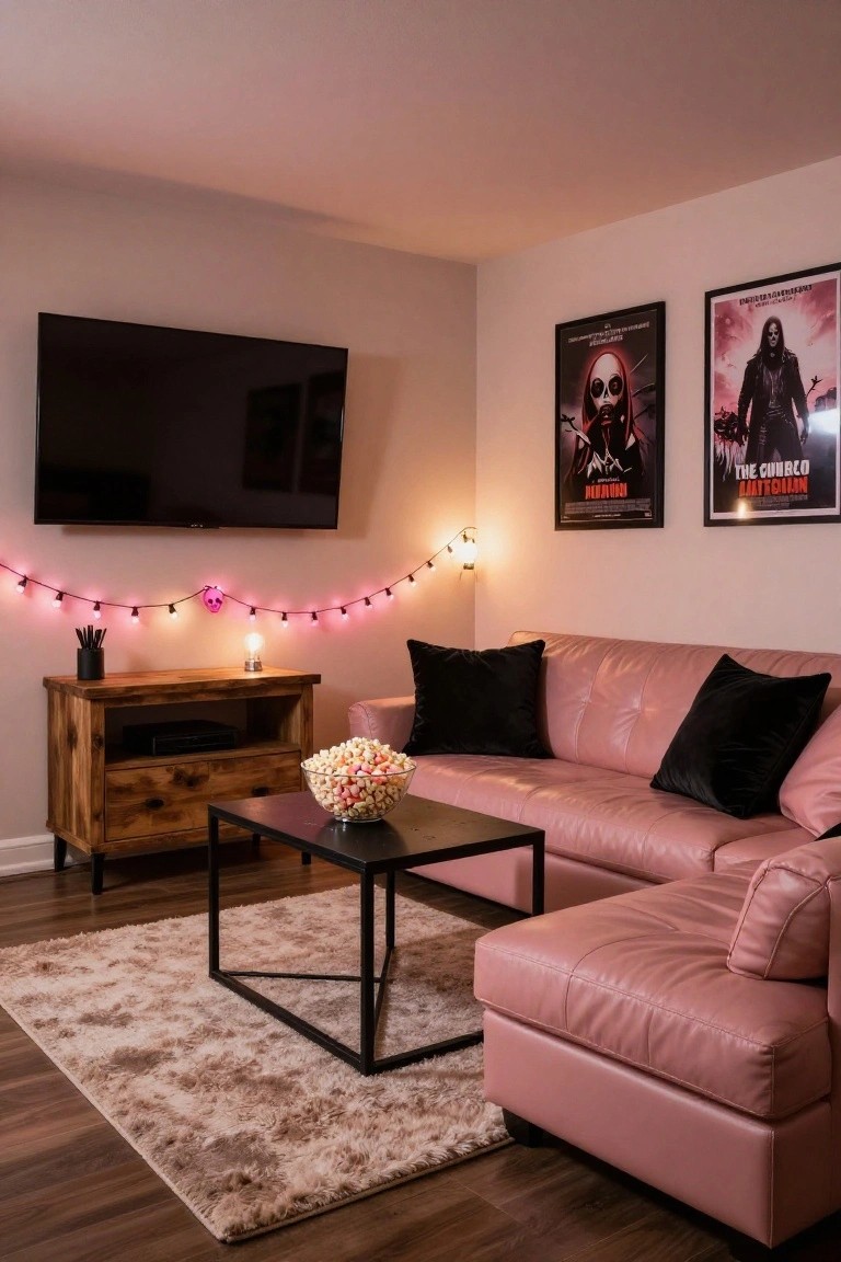 A living room with pink leather L-shaped sectional sofa, black velvet pillows, black metal coffee table holding a bowl of colorful popcorn, wooden media stand, wall-mounted TV, two Halloween horror movie posters, pink string lights with skull decoration, and beige rug on wood floor.