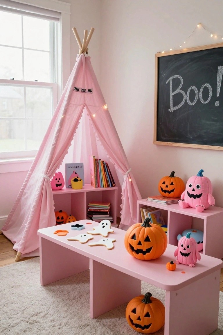 Pink teepee tent in a children's room with pink Halloween decorations including stuffed pumpkins, ghost shapes, bookshelves, and a low table.