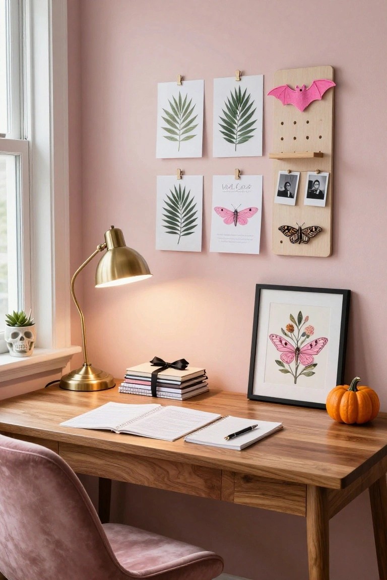 Wooden desk in blush pink room with open notebook, pen, stack of ribbon-tied books, gold desk lamp, small pumpkin, potted succulent, and wall decor of pinned leaves, pink moth print, butterflies, pink bat on pegboard, and framed pink butterfly artwork.