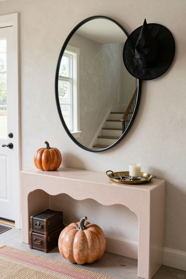 Blush pink curved console table in an entryway holds orange pumpkins and a brass tray with candle, beside an oval black-framed mirror with black witch hat attached, wooden boxes on floor near front door.