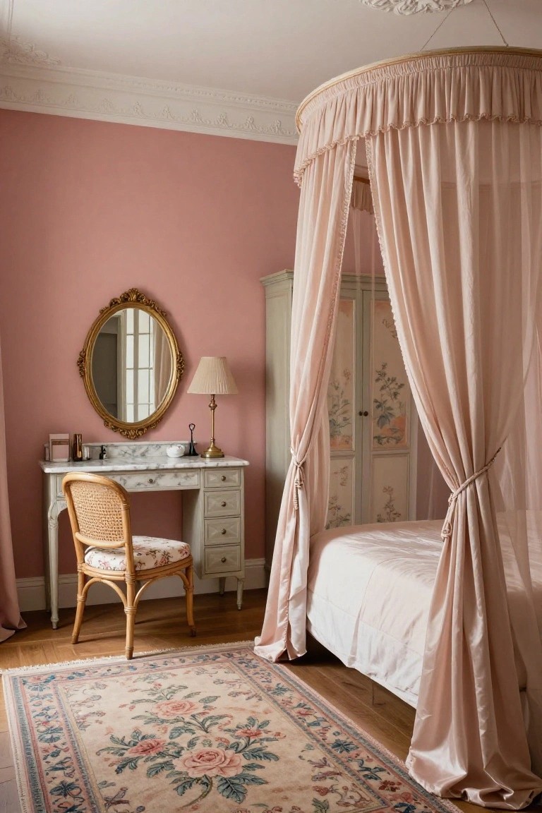 A blush pink bedroom with a circular canopy bed draped in sheer ruffled pink fabric, a matching painted armoire, white marble-top desk with cane chair, gold oval mirror, and floral rug on wood floors.