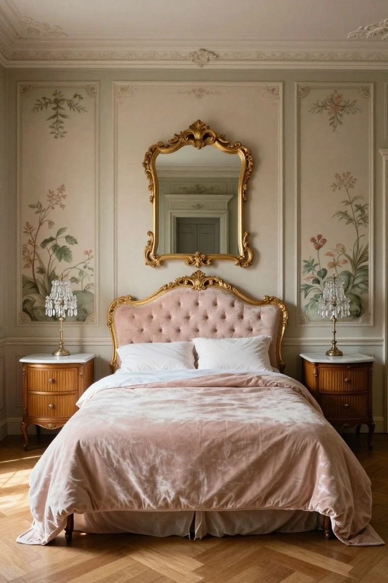 A bedroom with a blush pink velvet tufted bed framed by gold Rococo carving, white pillows and duvet, curved wooden nightstands with crystal lamps, large gold mirror above the bed, and pastel walls with painted floral motifs.