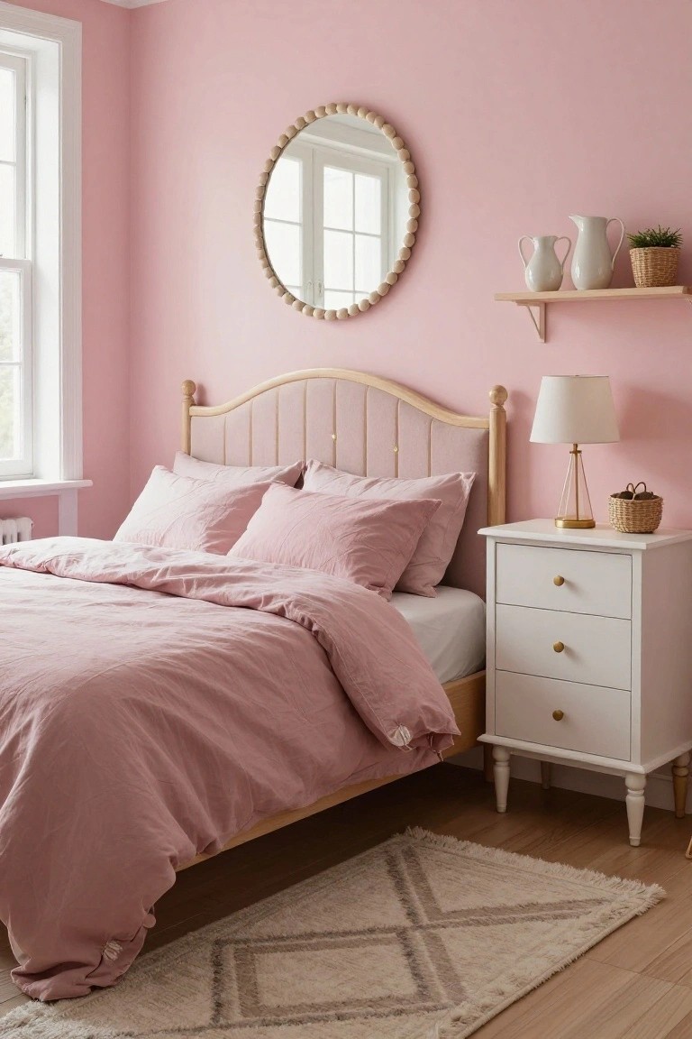 A bedroom featuring blush pink walls, a cream wood bed frame with pink linen bedding and pillows, a white nightstand with lamp, and a round beaded mirror on the wall.