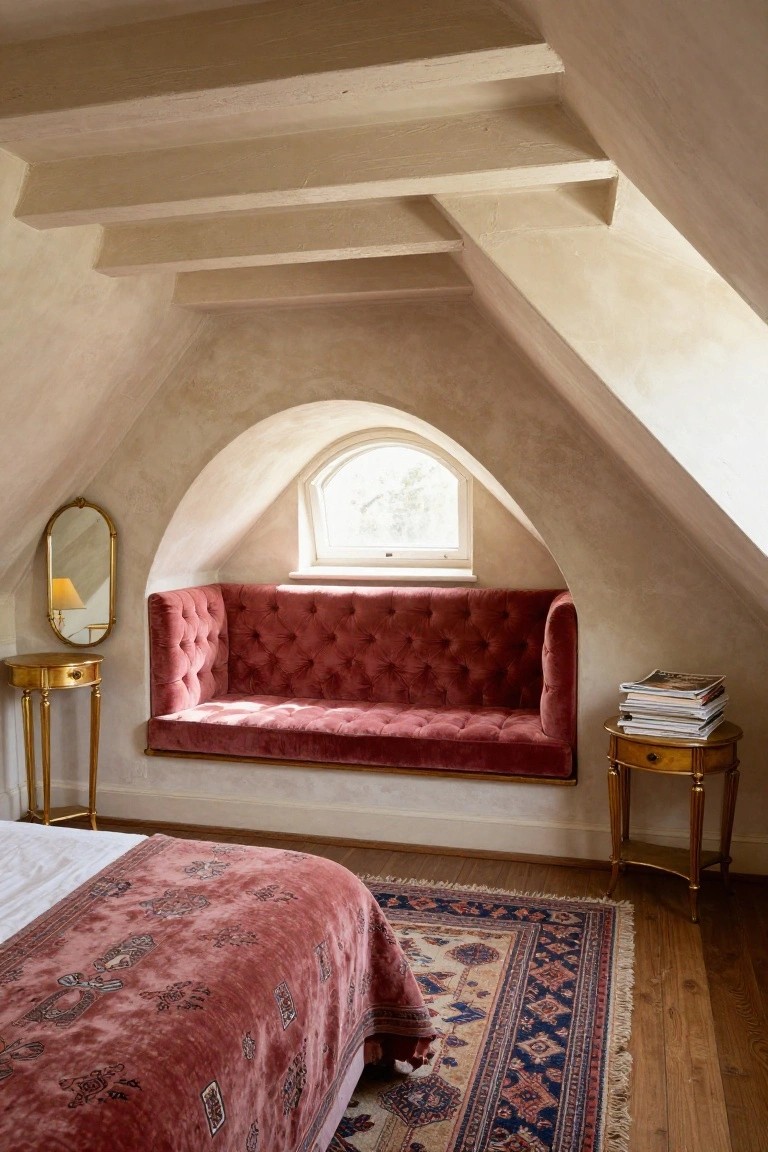 Attic bedroom with pink tufted velvet bench built under arched dormer window, gold tables nearby, pink patterned bedspread on bed, and blue Persian rug on wood floor.
