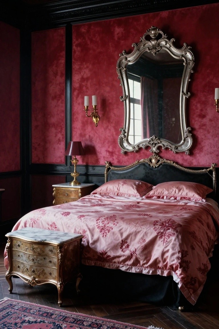 A bedroom with deep red textured walls, black wood paneling, ornate silver gilt mirror, gold-trimmed bed with pink satin floral bedding and pillows, gold side tables and chest of drawers, wall sconces, and a patterned rug on wood floors.