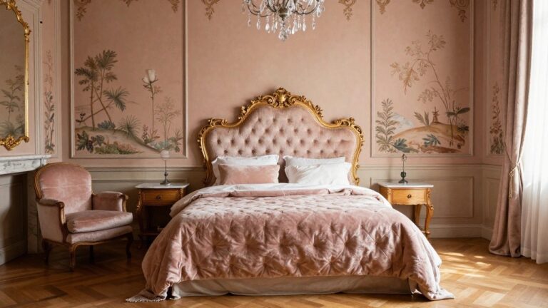 A bedroom with a blush pink velvet tufted bed framed by gold Rococo carving, white pillows and duvet, curved wooden nightstands with crystal lamps, large gold mirror above the bed, and pastel walls with painted floral motifs.