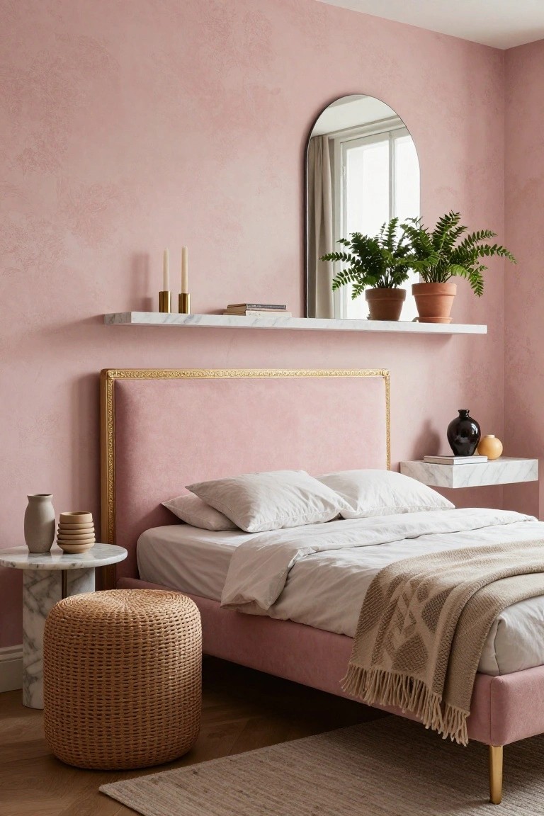 Blush pink textured walls in a bedroom with a pink velvet upholstered bed featuring gold-braided headboard frame, white sheets and tan throw on the bed, marble floating shelf with books and candles, potted ferns on shelf and arched mirror, black vase and orange pottery on white marble wall shelf, marble-topped table with beige ceramics beside rattan pouf, wooden floor with beige rug.