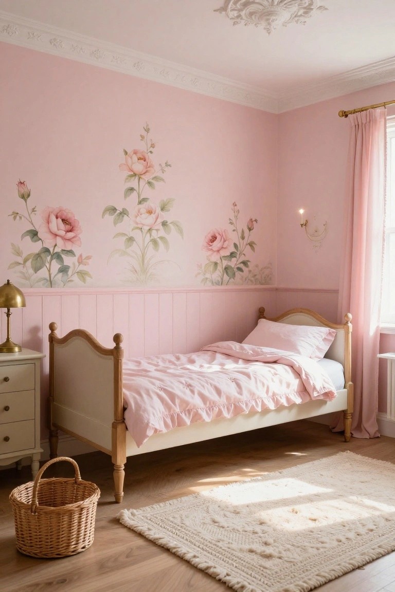 Pale pink bedroom with hand-painted climbing rose mural on walls, pink wood panelling, white wooden single bed with pink bedding, gold lamp on white dresser, wicker basket on floor, and cream rug.