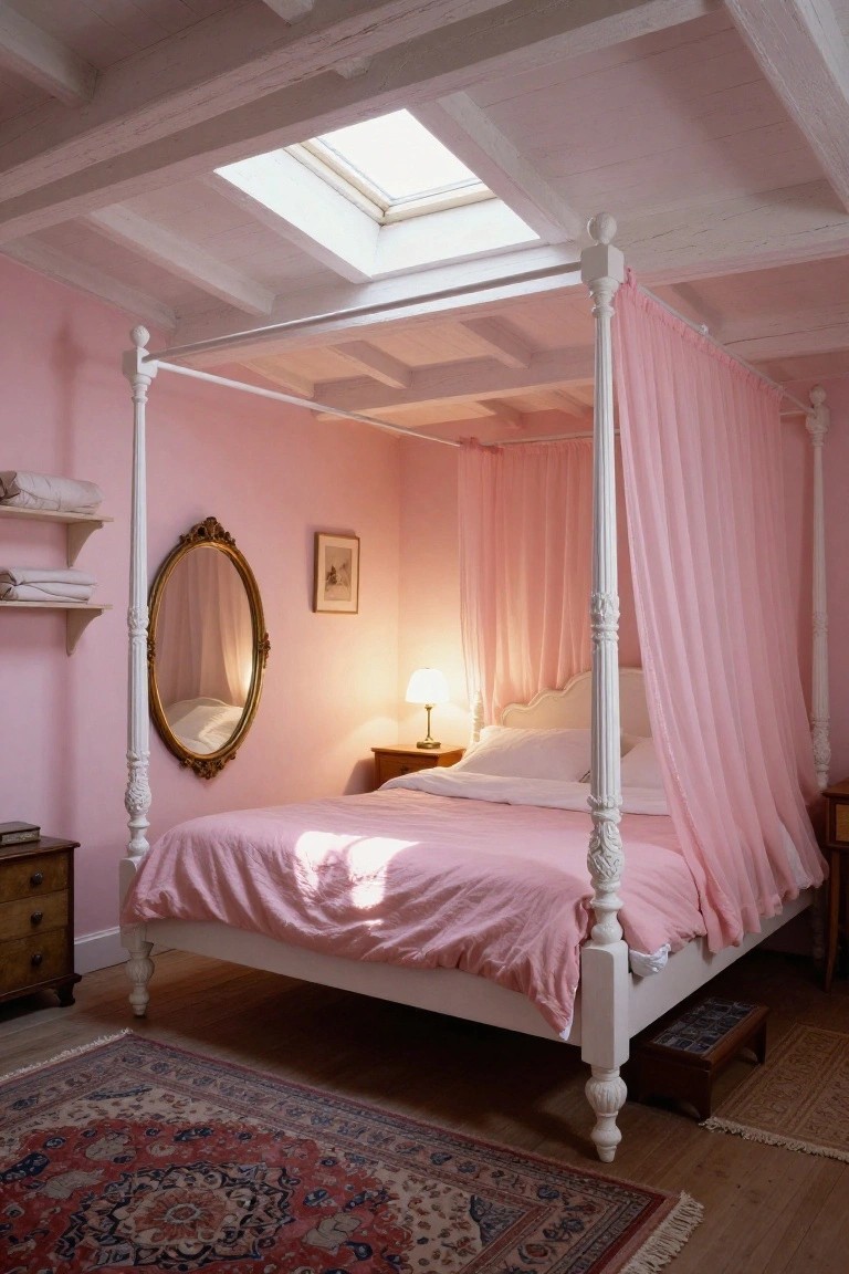 A pink-walled bedroom with a white four-poster canopy bed draped in pink sheer curtains, an ornate gold-framed oval mirror, wooden nightstand with lamp, shelves with linens, and a patterned rug on wood floors.