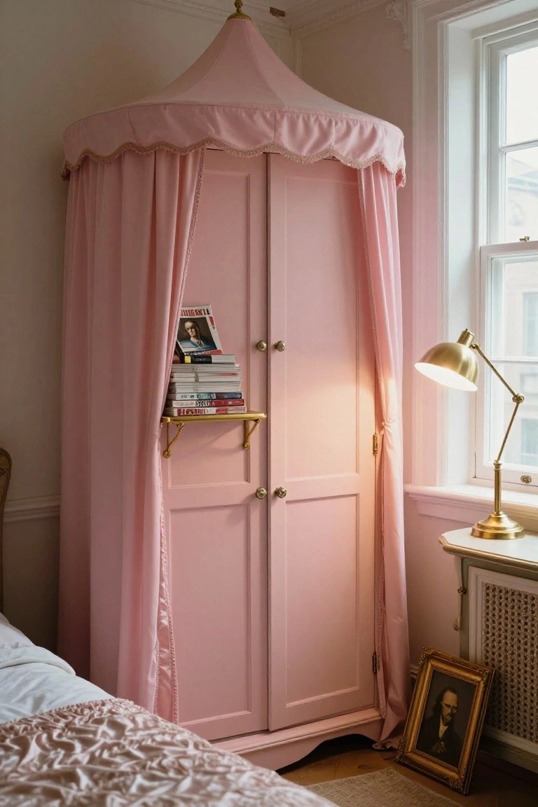Tall pink wooden wardrobe in a bedroom corner draped with pink fabric forming a conical tent canopy with scalloped edges, books on a gold shelf, brass desk lamp nearby, white bed with pink bedding, and gold-framed portrait on the floor.