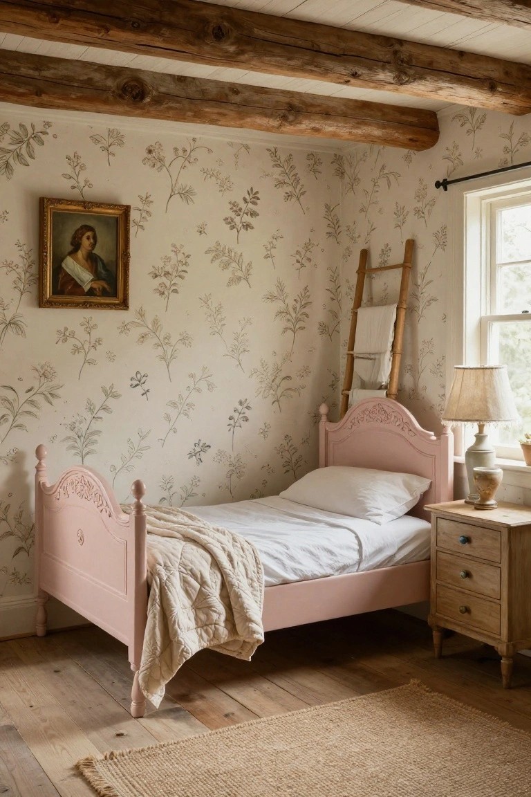 A bedroom with pale pink ornate poster bed, cream wallpaper printed with line-drawn botanicals, exposed wooden ceiling beams, wooden ladder holding folded white linens, small framed portrait on wall, bedside lamp on wooden table, and window with plants.