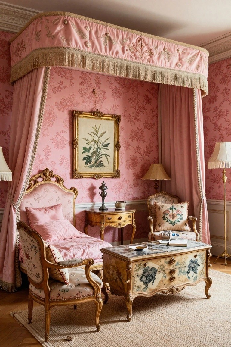 A pink Rococo-style bedroom with a four-poster canopy bed draped in pink fabric and fringe trim, flanked by two upholstered armchairs, a small table, and lamps against pink floral wallpaper.