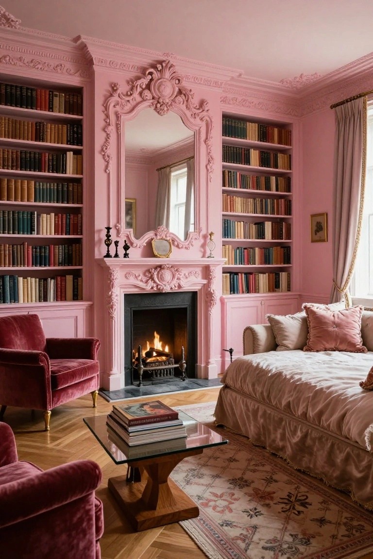 Pink interior library bedroom with ornate Rococo pink moldings on fireplace mantel and mirror above it, built-in bookshelves filled with colorful books on both sides, burning fire in black grate, two red velvet armchairs, glass coffee table with stacked books, patterned rug, and upholstered bed.