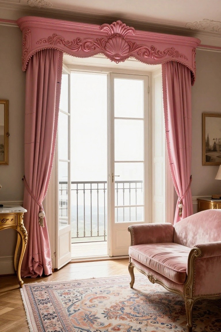 Open French doors in a room with pink velvet curtains tied back, ornate pink pelmet with seashell carving above, pink velvet loveseat facing the doors, balcony railing and hillside view outside, antique furniture and Persian rug on wood floor.