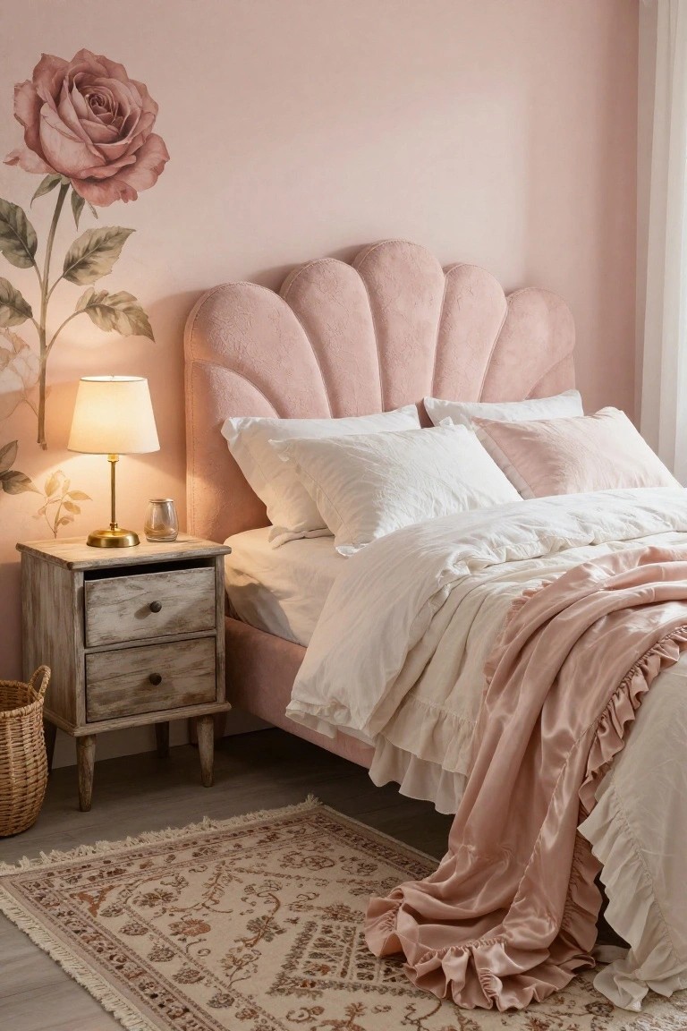 Pink bedroom with scalloped upholstered headboard, white bedding draped with pink throw, wooden nightstand holding lamp and glass, large rose mural on wall, woven basket, and beige rug on floor.