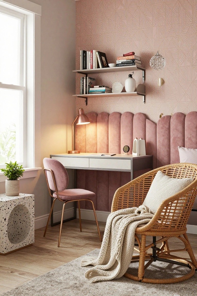 Corner view of a pink bedroom with scalloped pink velvet headboard, white desk and pink velvet chair, floating wooden shelves with books and decor, rattan rocking chair with white throw blanket, potted plant on terrazzo stool, and window with greenery.